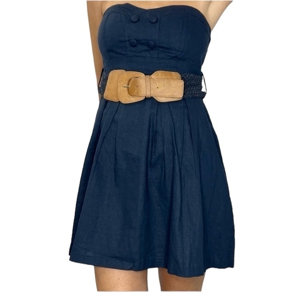 Simons Dresses & Skirts - Simons navy blue linen blend belted strapless mini dress M